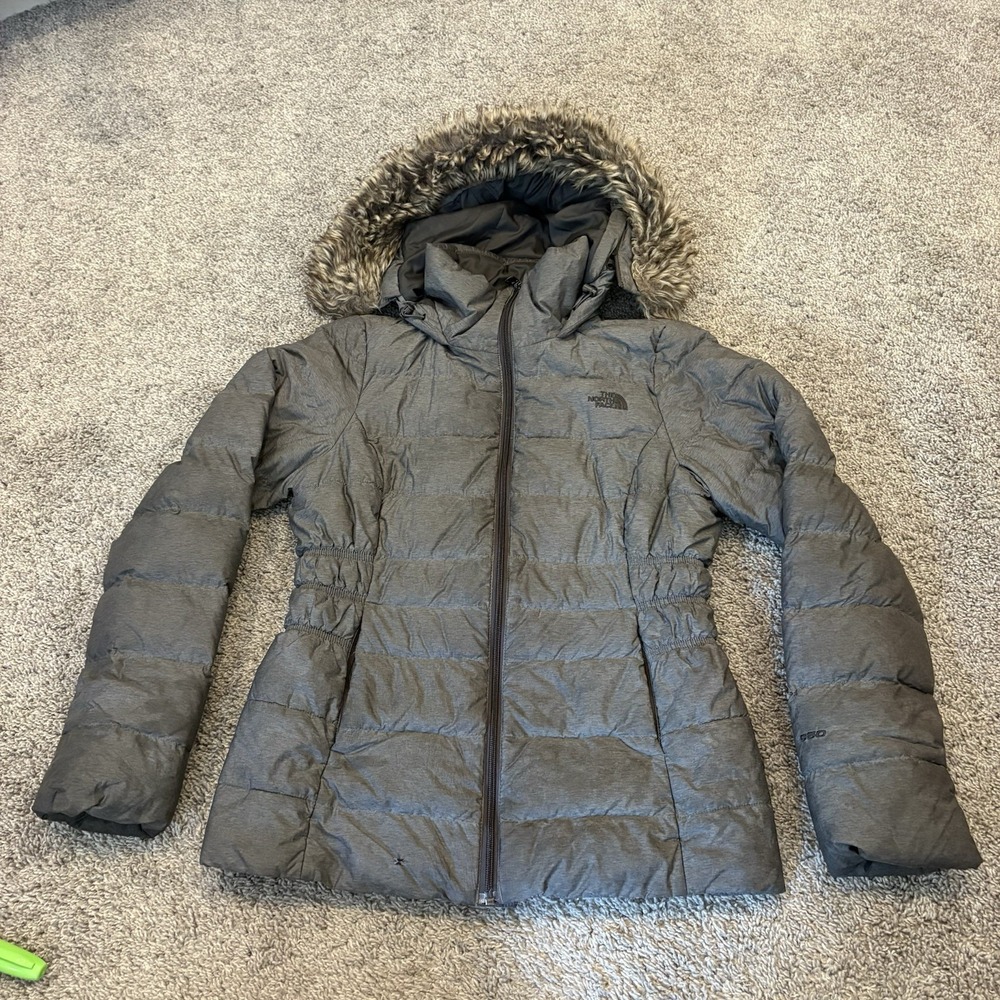 North Face 550 Puffer Jacket Womens S Gotham Parka Gray Down Coat Faux Fur Hood